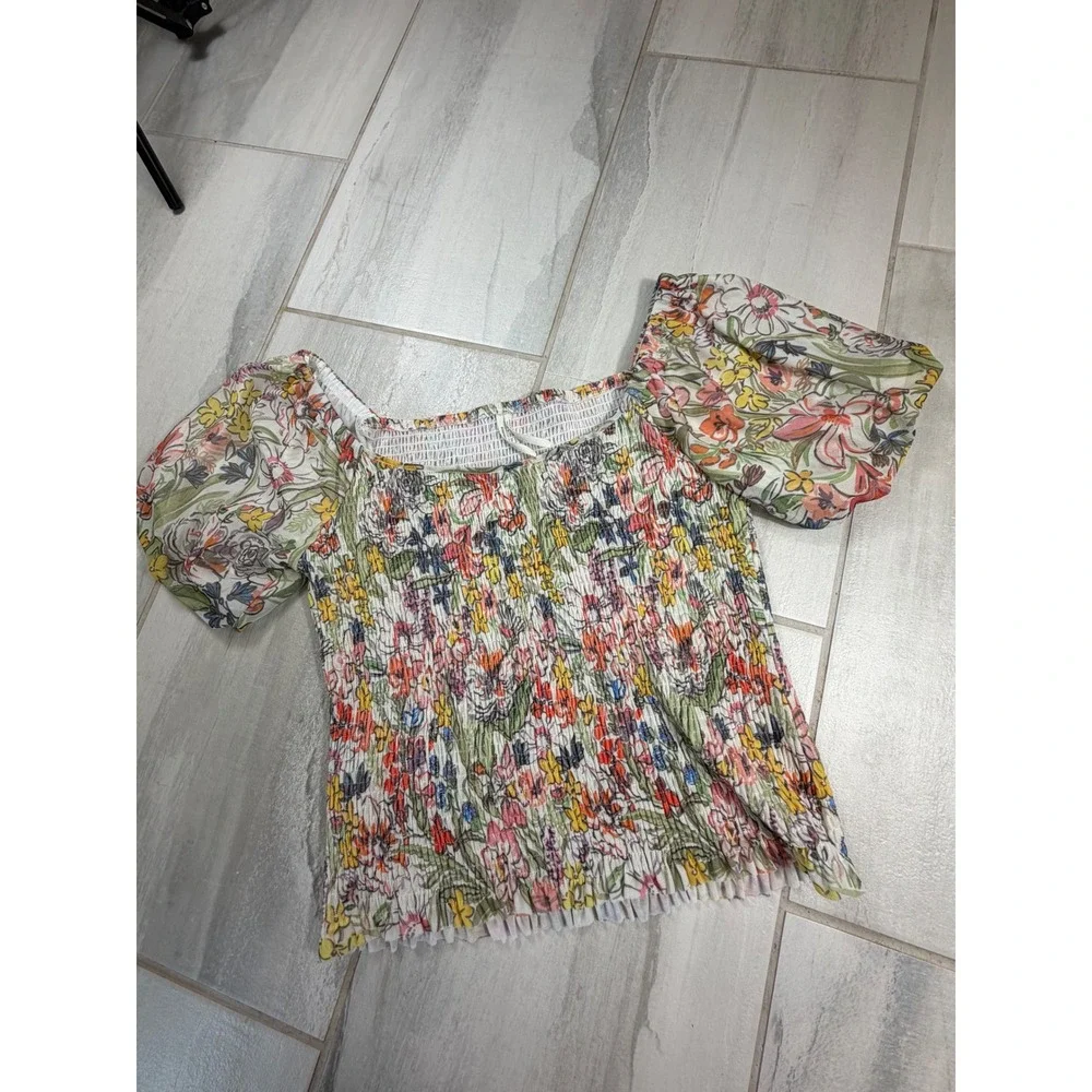 Anthropologie Smocked Floral Puff Sleeve Top Multicolor Size L OB1173576